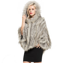 Load image into Gallery viewer, Real Rabbit &amp; Raccoon Fur Knitted Poncho Women&#39;s Shawls Winter Cape Cap Natural Grey