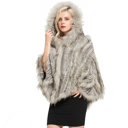 Real Rabbit & Raccoon Fur Knitted Poncho Women's Shawls Winter Cape Cap Natural Grey