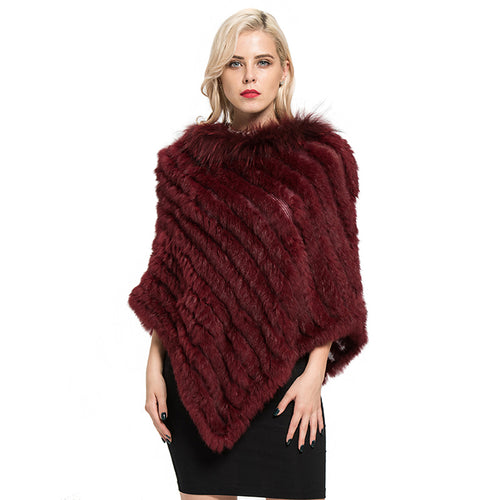 Women's Genuine Rabbit Knitted Shawl Raccoon Fur Collar Large Red Cape