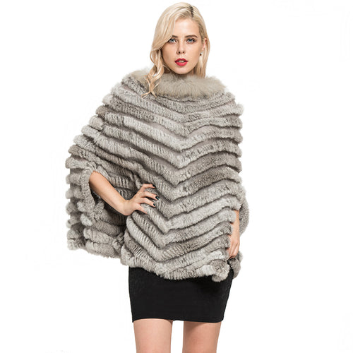 Real Rabbit Knitted Fur Poncho Winter Fashion Capes Female Party Shawl Natural Grey