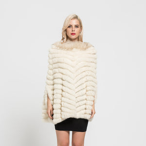 Real Rabbit Knitted Fur Poncho Winter Warm Cape Beige