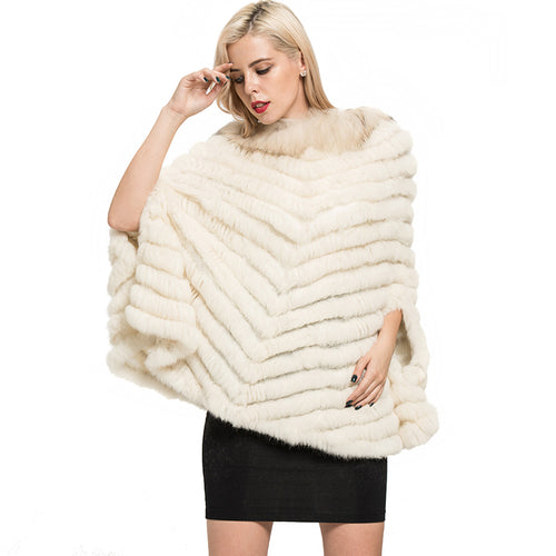 Real Rabbit Knitted Fur Poncho Winter Warm Cape Beige