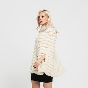 Real Rabbit Knitted Fur Poncho Winter Warm Cape Beige