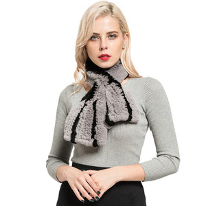 Women's Winter Warm Real Rex Rabbit Fur Grey Scarf Black Striped Muffler Shawl