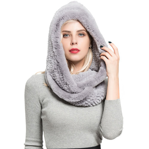 Women Real Rex Rabbit Fur Scarf Soft Warm Windproof Hat Gray Shawls