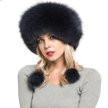 Load image into Gallery viewer, Winter Women Real Fox Fur Bomber Hats Navy Luxury Caps