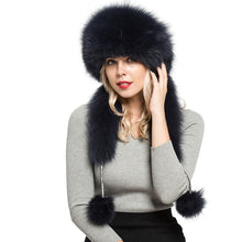 Load image into Gallery viewer, Women&#39;s Real Rex Rabbit &amp; Fox Fur Hats Winter Warm Navy Blue Fur