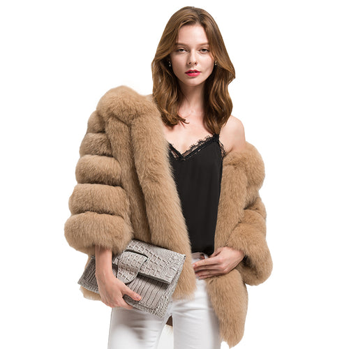 Women Real Fox Fur Coat 3/4 Sleeves Winter Vertical Jacket