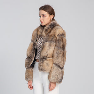 Golden Island Shadow Fox Fur Bomber Jacket with Zipper
