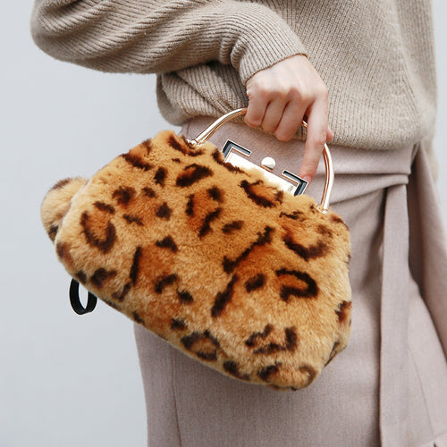 2022 New Luxury Leopard Rex Rabbit Fur Messenger Bag for Women Fashion Elegant Purse Clip Purse Bag Chain Crossbody Bag 8801