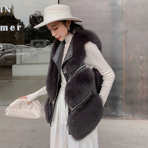Women Real Fox Fur Vest Genuine Sheepskin Leather Gilets Luxury Waistcoat