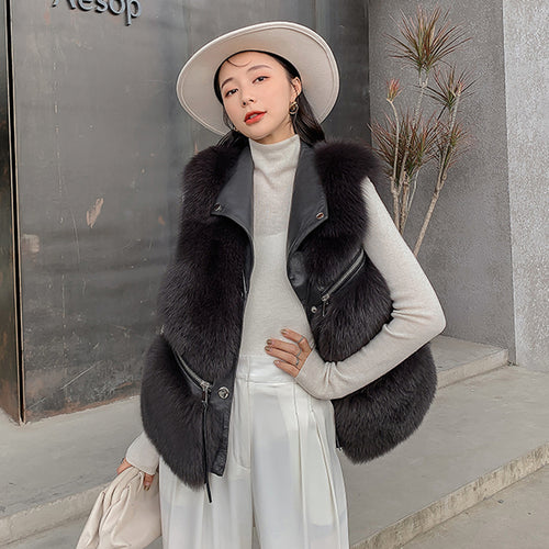 Women Real Fox Fur Vest Genuine Sheepskin Leather Gilets Luxury Waistcoat