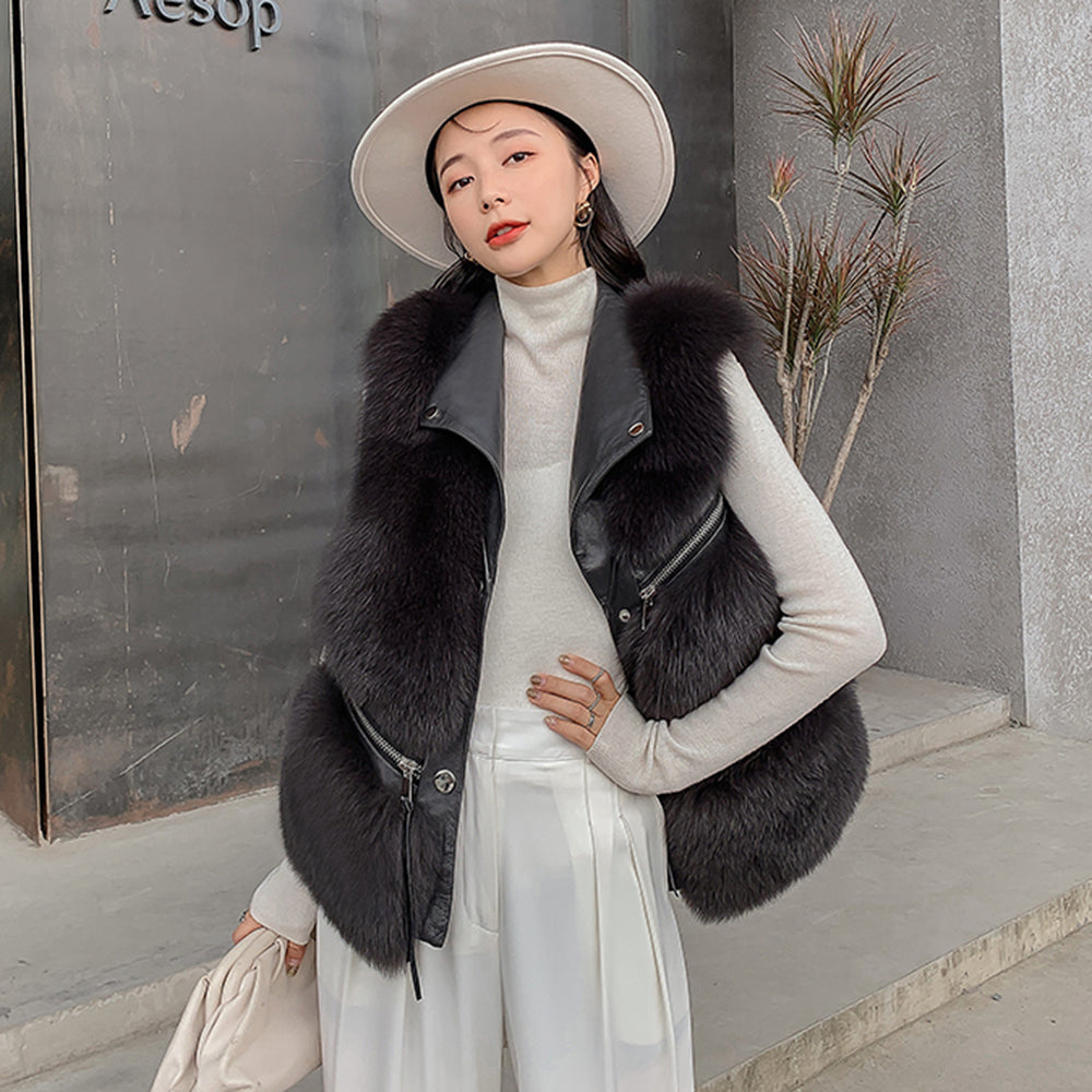 Women Real Fox Fur Vest Genuine Sheepskin Leather Gilets Luxury Waistcoat