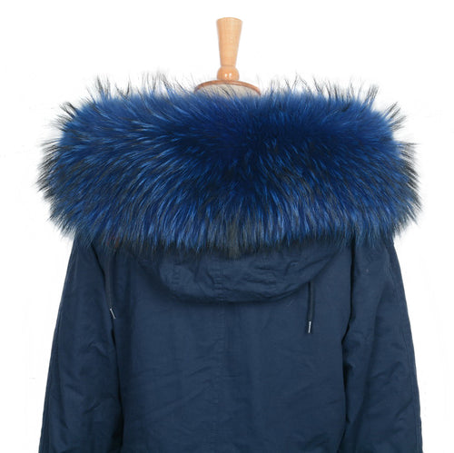 Large Real Fur Trim Raccoon Collar Parka Hood Women Men Blue Scarf Hooks