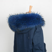 Load image into Gallery viewer, Large Real Fur Trim Raccoon Collar Parka Hood Women Men Blue Scarf Hooks