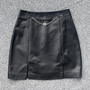 Women's Leather Skirt Real Sheepskin Simple Chain Split Hip Wrap Slim 2022 Autumn Winter New TF4780