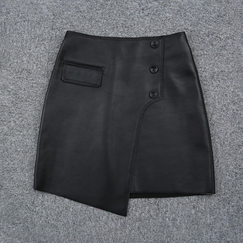2022 New Women Leather Sheepskin Skirt Versatile Asymmetric Button Pack Hip Skirt Solid Short Dress Autumn Winter TF4796
