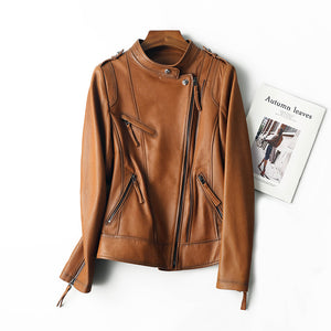 Spring Autumn Trend Style Genuine Leather Jackets For Women Full Sleeve Black Leather Coat Zipper Fashion Biker Jacket AEL4066