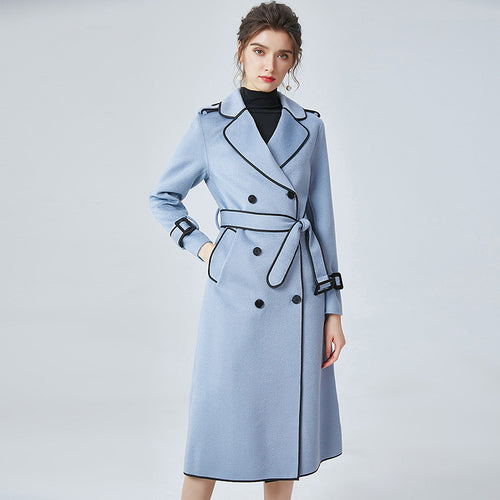 Women Wool Coats Cashmere Slim Solid Coat Water Ripples Long Jacket Belt Winter 4818