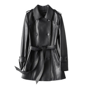 Genuine Sheepskin Leather Jacket Women Autumn Winter Trench Coat Mide Length Streetwear Leather Coat CL4873