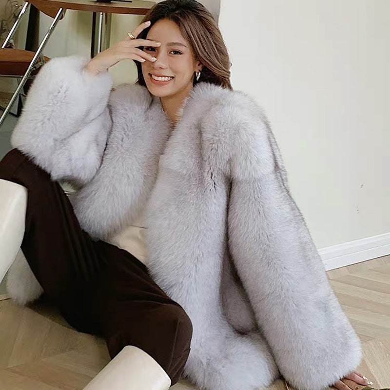 Women Fluffy Fox Fur Coat Long Sleeve Full Fur Overcoat Luxury Warm Winter 2022 New 4906