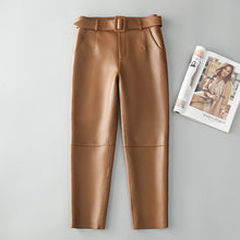 Load image into Gallery viewer, Women Leather Cropped Pants Solid Pencil Pants Slim Belt Leather Sheepskin Harem Pants Trousers Casual 2022 New SY3984
