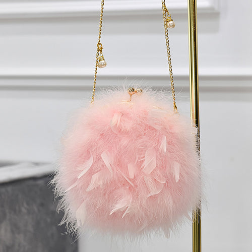 Women Ostrich Feather Bag Pearl Chain Shoulder Bag Purse Tote Clutch Bag