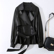 Load image into Gallery viewer, Lady Fashion Vegetable Tanned Leather Jacket New Styles Genuine Sheepskin Leather With Belt Women Motorcycle Biker Coats CL4013