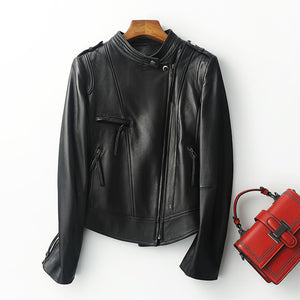 Spring Autumn Trend Style Genuine Leather Jackets For Women Full Sleeve Black Leather Coat Zipper Fashion Biker Jacket AEL4066