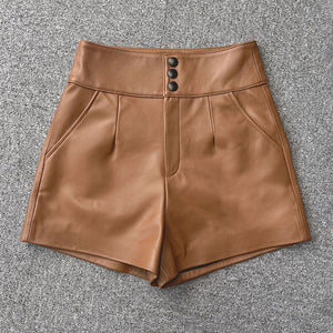High Waist Leather Shorts Women's Genuine Sheepskin Pants Snap Three Button Design 2022 Autumn Winter New TF4794