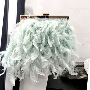 Women Ostrich Feather Bag Pearl Chain Fluffy Clutch Bag Purse Shoulder Bag 4205