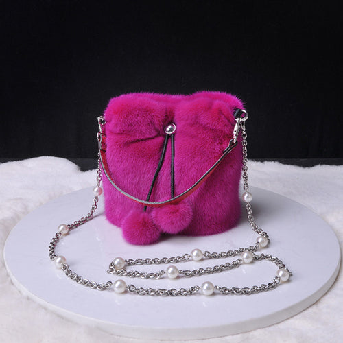 2022 New Women Fashion Real Mink Fur Crossbody Bags Fur Ball Chain Bags Fur Shoulder Bag Casual Tote Female Handbags 8820