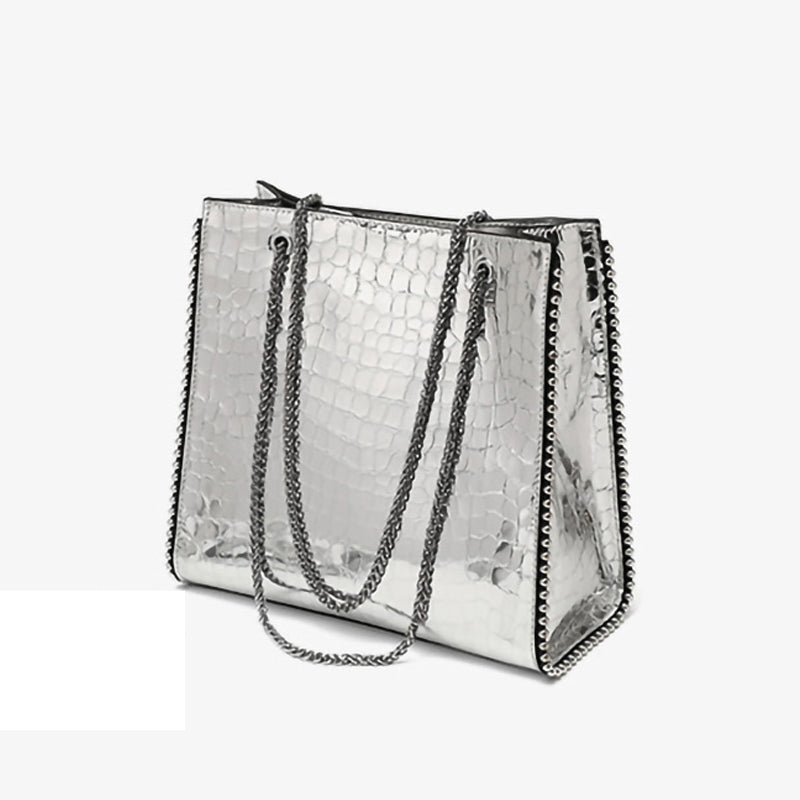Women New Arrivals Genuine Cow Leather Bags Lady Luxury Handbags Fashion Shoulder Bags Silver Color Tote 4376