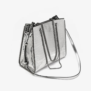 Women New Arrivals Genuine Cow Leather Bags Lady Luxury Handbags Fashion Shoulder Bags Silver Color Tote 4376