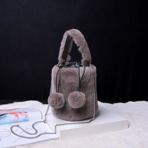 Women Real Rex Rabbit Fur Crossbody Handbags Fashion Plush Bucket Bags Cute Chain Shoulder Bag 8829