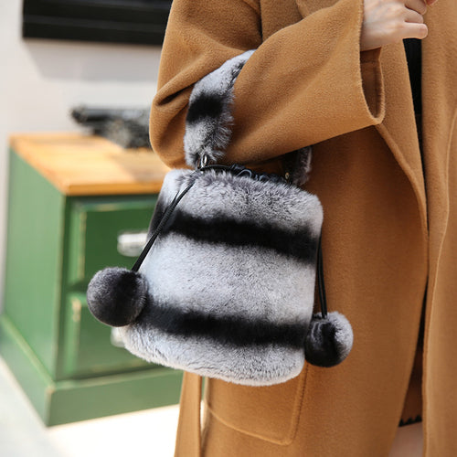 Women Real Rex Rabbit Fur Crossbody Handbags Fashion Plush Bucket Bags Cute Chain Shoulder Bag 8829