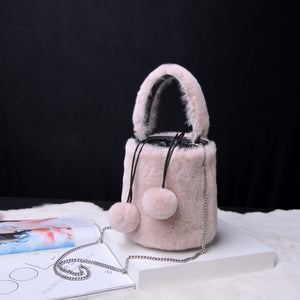 Women Real Rex Rabbit Fur Crossbody Handbags Fashion Plush Bucket Bags Cute Chain Shoulder Bag 8829