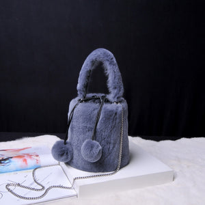 Women Real Rex Rabbit Fur Crossbody Handbags Fashion Plush Bucket Bags Cute Chain Shoulder Bag 8829