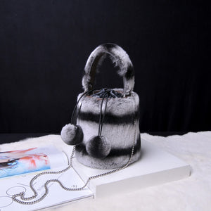 Women Real Rex Rabbit Fur Crossbody Handbags Fashion Plush Bucket Bags Cute Chain Shoulder Bag 8829