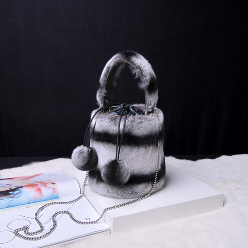 Women Real Rex Rabbit Fur Crossbody Handbags Fashion Plush Bucket Bags Cute Chain Shoulder Bag 8829