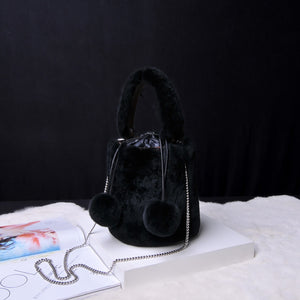 Women Real Rex Rabbit Fur Crossbody Handbags Fashion Plush Bucket Bags Cute Chain Shoulder Bag 8829