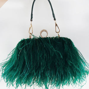 Women's Fashion Feather Purse Long Hair Lady Turkey Fur Hand Bags Evening Bags Capacity Shoulder Bag S4174