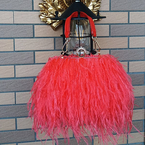 Women's Fashion Feather Purse Long Hair Lady Turkey Fur Hand Bags Evening Bags Capacity Shoulder Bag S4174