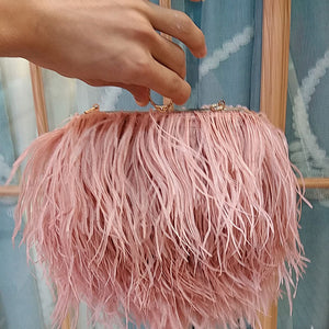 Women's Fashion Feather Purse Long Hair Lady Turkey Fur Hand Bags Evening Bags Capacity Shoulder Bag S4174