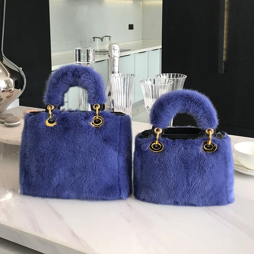 Women's Luxury Real Mink Fur Hand Bags Fashion Style Lady Tote Lovely Natural Fur Handbag 8919