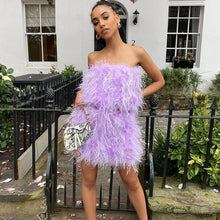 Load image into Gallery viewer, Women Ostrich Feather Top Dress Fur Skirt Bra Boa Set Summer Tube Top Dress Set