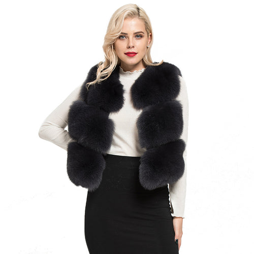 Women Real Fox Fur Vests Dark Grey Natural Fur Gilet 3 Rows Waistcoat