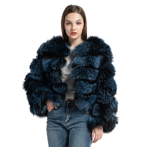 Women's Blue Silver Fox Fur Jacket Lady's Real Fur Coat