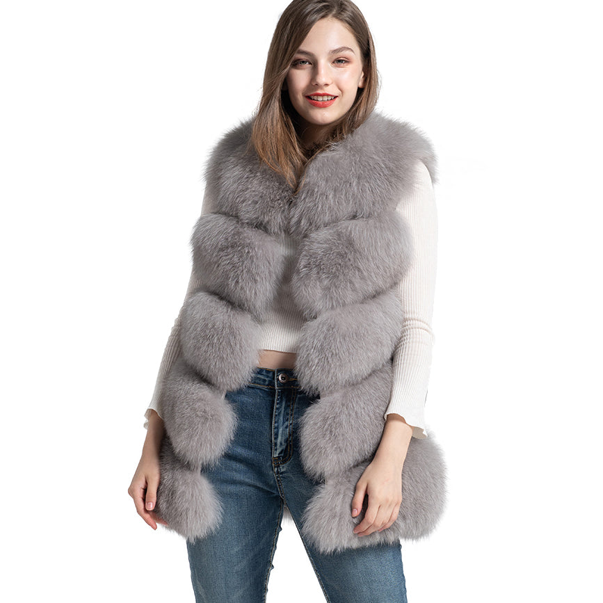 Real Fox Fur Gilet Women Winter Genuine Fur Long 5 Rows Light Grey Vest