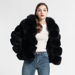 Women Real Fox Fur Hood Coats Fashion Style Fur Jacket Black
